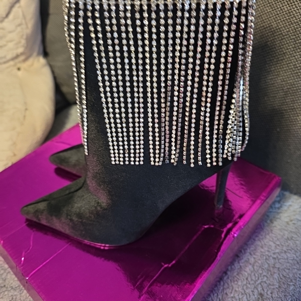 KAYLEEN By Los Angeles Black Ankle Boots with Rhinestone Fringe